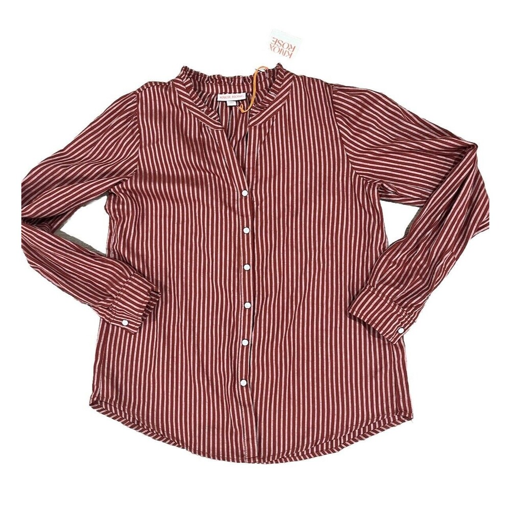 NWT Knox Rose Fiery Red/ Brown Boho Stripe Button Down Shirt Blouse Size small